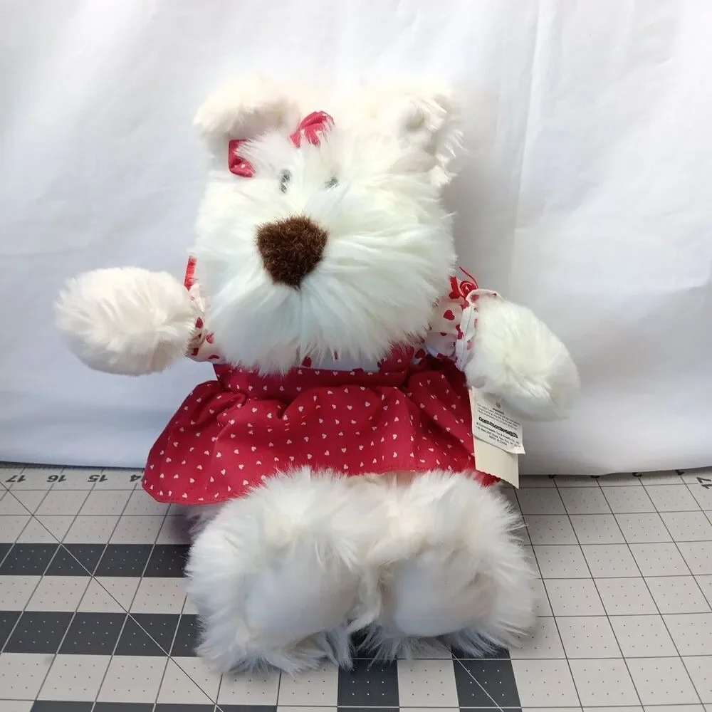 Commonwealth White Puppy Dog Red Hearts Dress and Bow Valentine's Day Plush